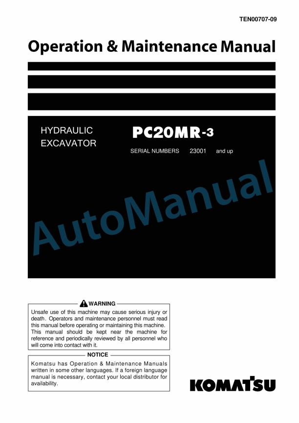 Komatsu PC20MR-3 Hydraulic Excavator Operation and Maintenance Manual TEN00707-09