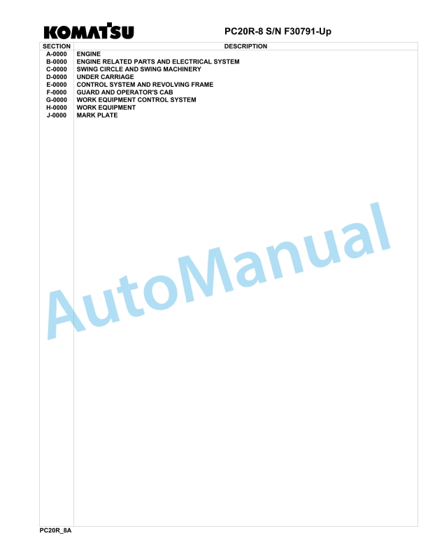 Komatsu PC20R-8 Hydraulic Excavator Parts Manual F30791-up