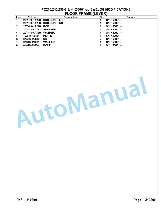 Komatsu PC210-8, PC240-8, PC290-8 Hydraulic Excavator Parts Manual K50001-UP 3 Komatsu PC210-8, PC240-8, PC290-8 Hydraulic Excavator Parts Manual K50001-UP-3