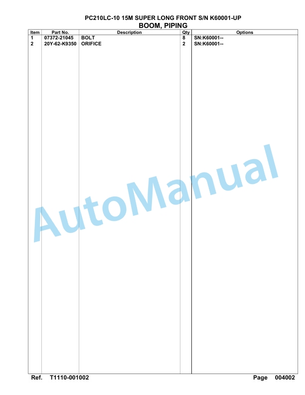 Komatsu PC210LC-10 15M Super Long Front Hydraulic Excavator Parts Manual K60001-UP 4 Komatsu PC210LC-10 15M Super Long Front Hydraulic Excavator Parts Manual K60001-UP-4