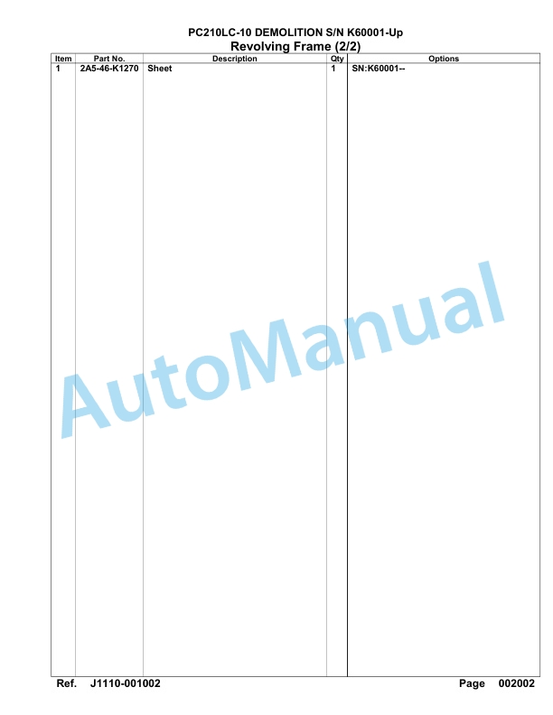 Komatsu PC210LC-10 Demolition Hydraulic Excavator Parts Manual K60001-UP 2 Komatsu PC210LC-10 Demolition Hydraulic Excavator Parts Manual K60001-UP-2