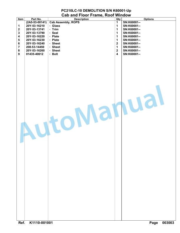 Komatsu PC210LC-10 Demolition Hydraulic Excavator Parts Manual K60001-UP 3 Komatsu PC210LC-10 Demolition Hydraulic Excavator Parts Manual K60001-UP-3