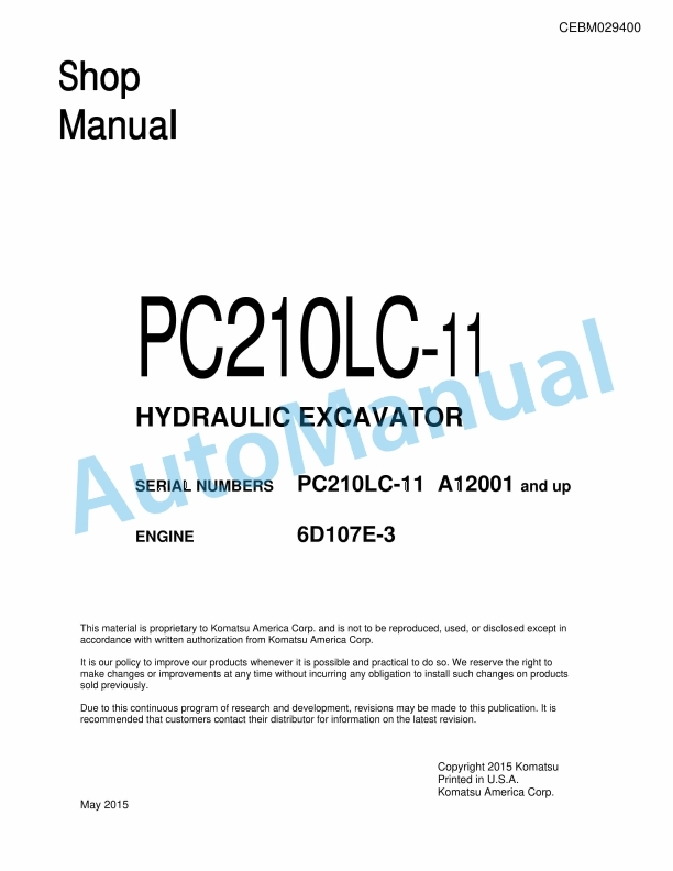 Komatsu PC210LC-11 Hydraulic Excavator Shop Manual CEBM029400