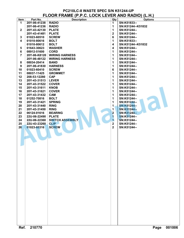 Komatsu PC210LC-8, PC210NLC-8 Waste Spec Hydraulic Excavator Parts Manual K51244-UP 3 Komatsu PC210LC-8, PC210NLC-8 Waste Spec Hydraulic Excavator Parts Manual K51244-UP-3