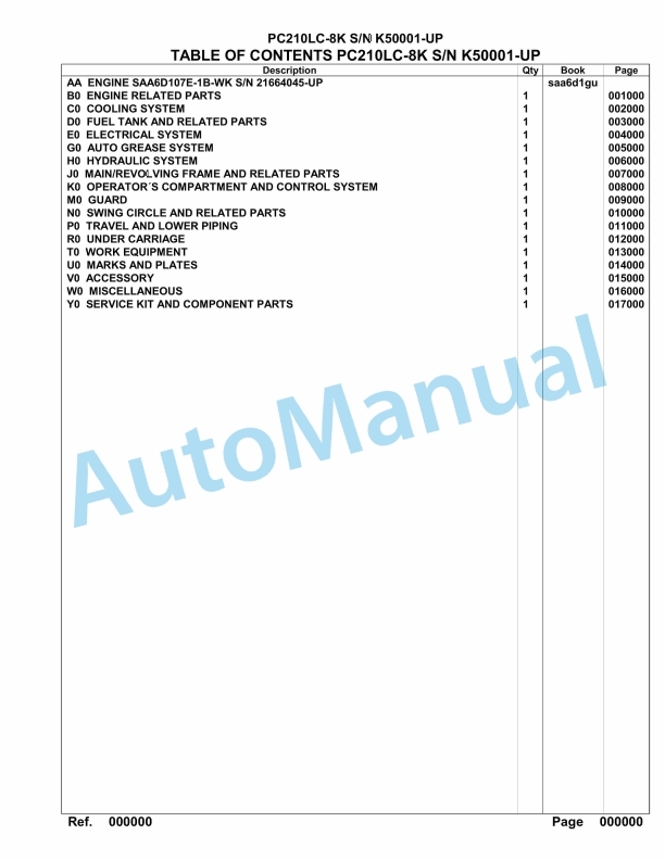 Komatsu PC210LC-8K Hydraulic Excavator Parts Manual SAA6D1GU