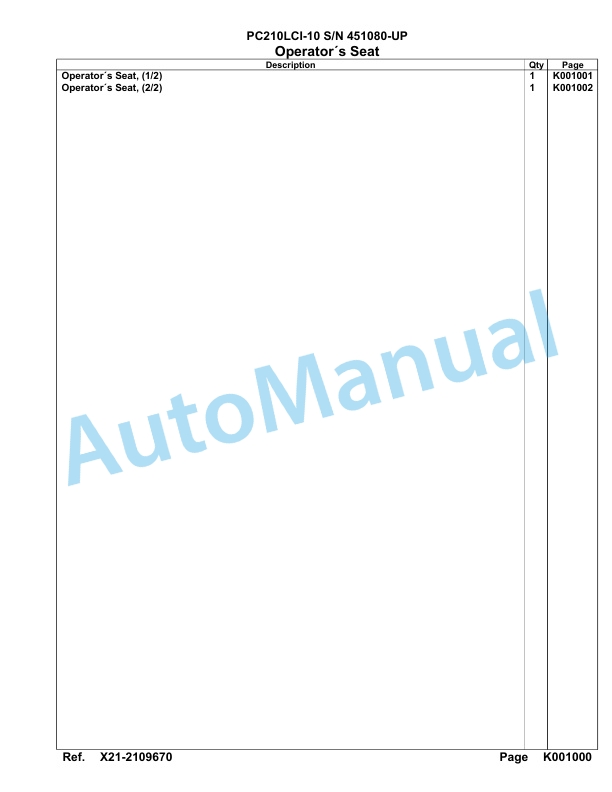 Komatsu PC210LCI-10 Hydraulic Excavator Parts Manual 451080-UP-3