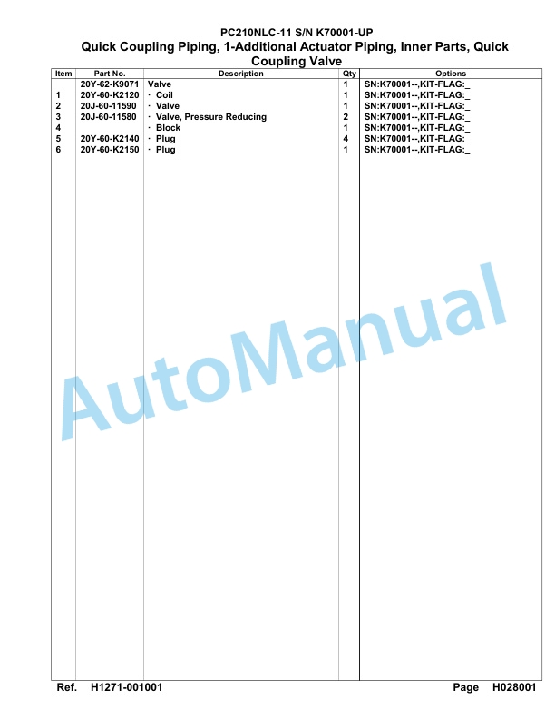 Komatsu PC210LCI-11 Hydraulic Excavator Parts Manual PC00026U-3