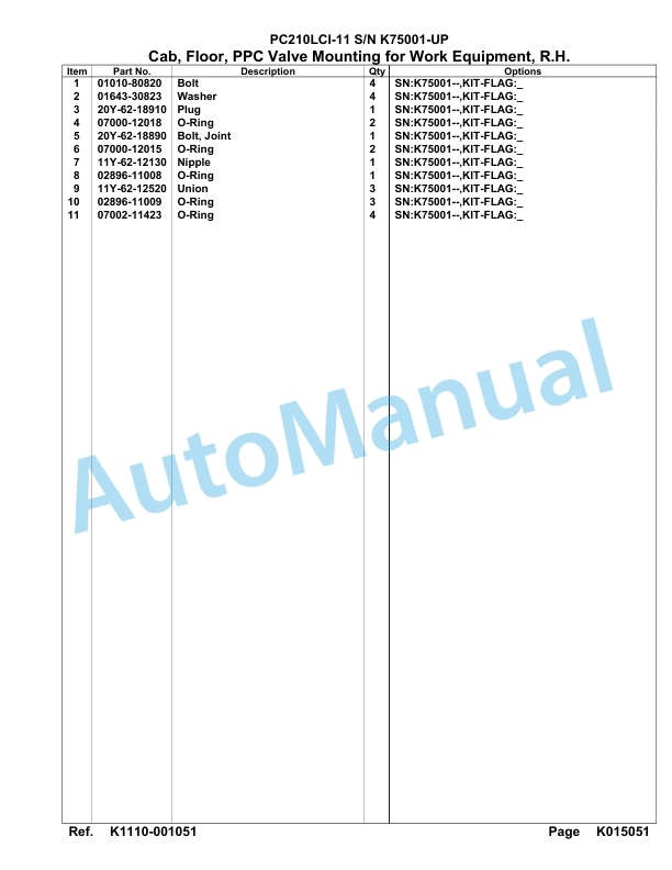 Komatsu PC210LCI-11 Hydraulic Excavator Parts Manual PC00037U-4