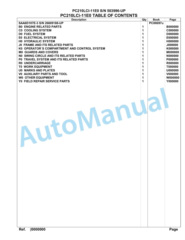 Komatsu PC210LCI-11E0 Hydraulic Excavator Parts Manual PC00097U