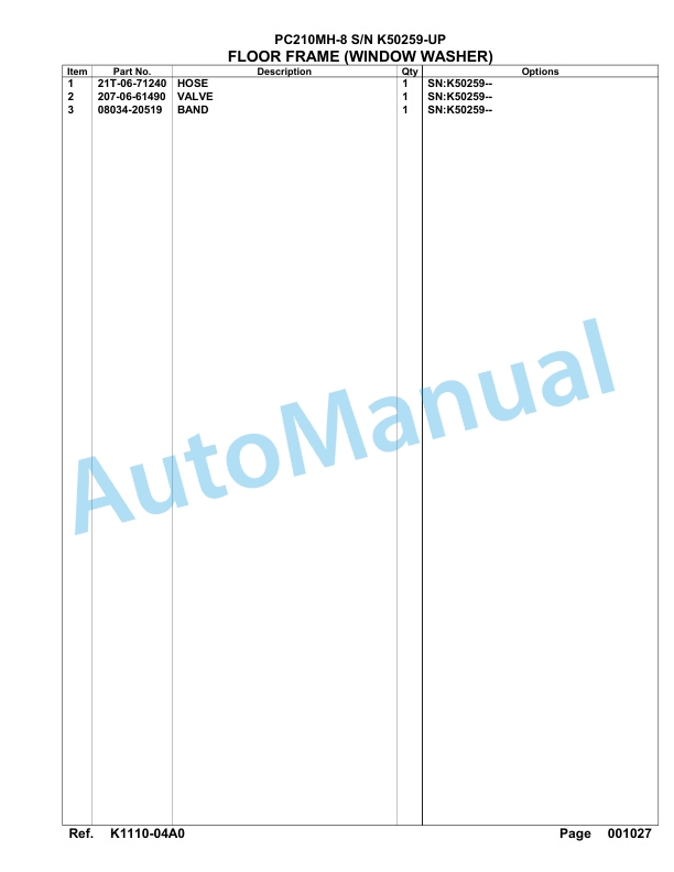 Komatsu PC210MH-8 Hydraulic Excavator Parts Manual K50259-up-3