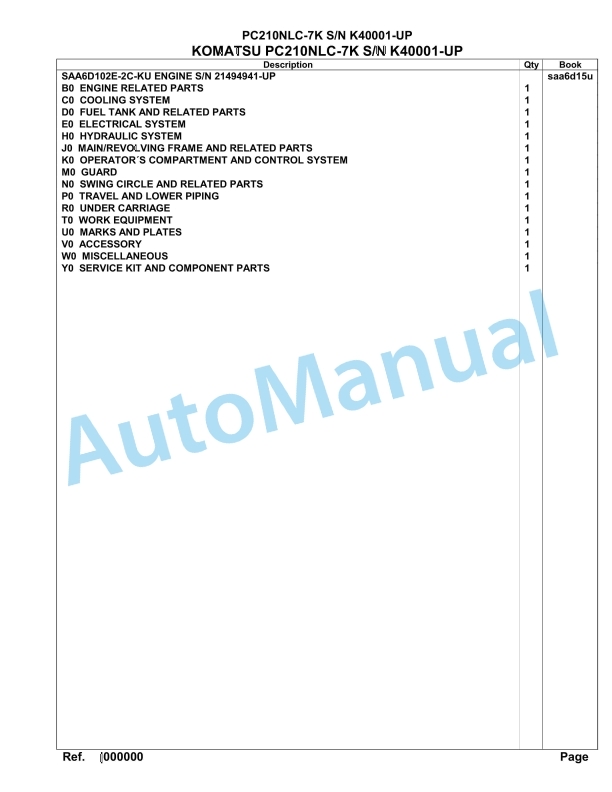 Komatsu PC210NLC-7K Hydraulic Excavator Parts Manual SAA6D15U
