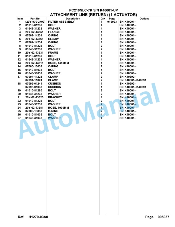 Komatsu PC210NLC-7K Hydraulic Excavator Parts Manual SAA6D15U-2