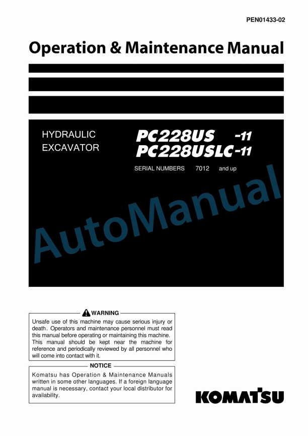 Komatsu PC228US-11, PC228USLC-11 Hydraulic Excavator Operation and Maintenance Manual PEN01433-02