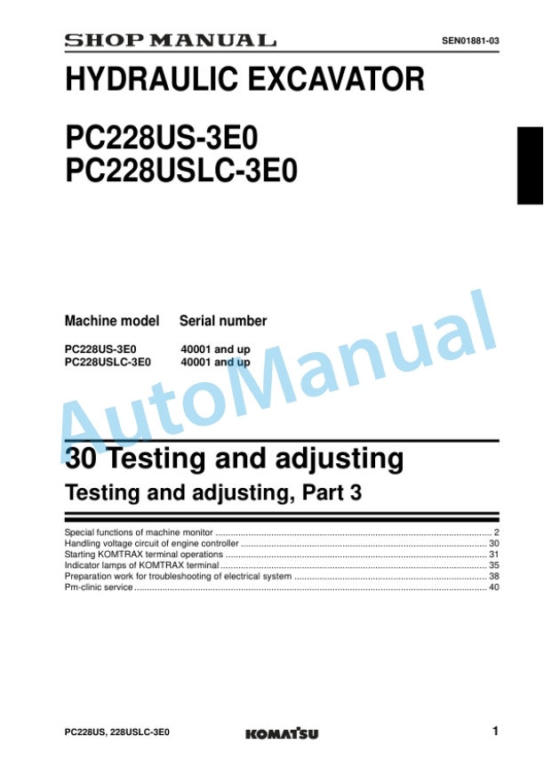 Komatsu PC228US-3E0, PC228USLC-3E0 Hydraulic Excavator Shop Manual SEN01418-11 3 Komatsu PC228US-3E0, PC228USLC-3E0 Hydraulic Excavator Shop Manual SEN01418-11 - Image 3