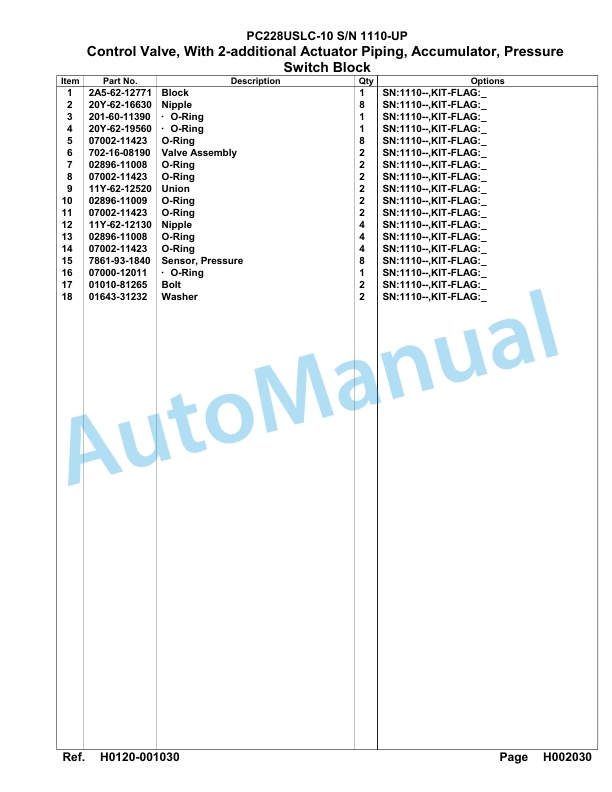 Komatsu PC228USLC-10 Hydraulic Excavator Parts Manual 1110-UP-2