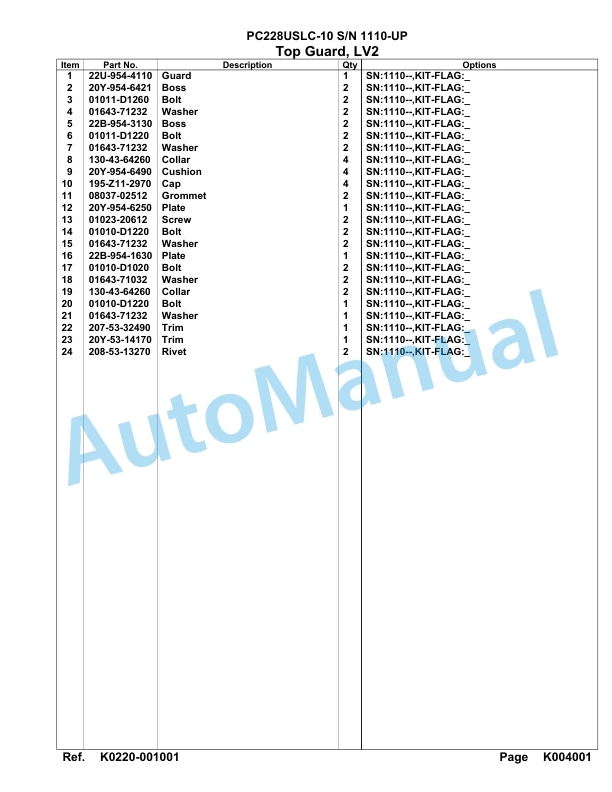Komatsu PC228USLC-10 Hydraulic Excavator Parts Manual 1110-UP-3