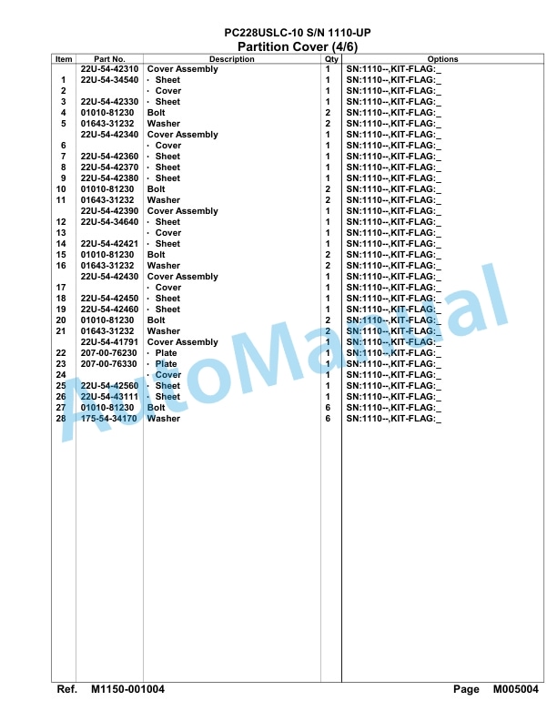 Komatsu PC228USLC-10 Hydraulic Excavator Parts Manual 1110-UP-4