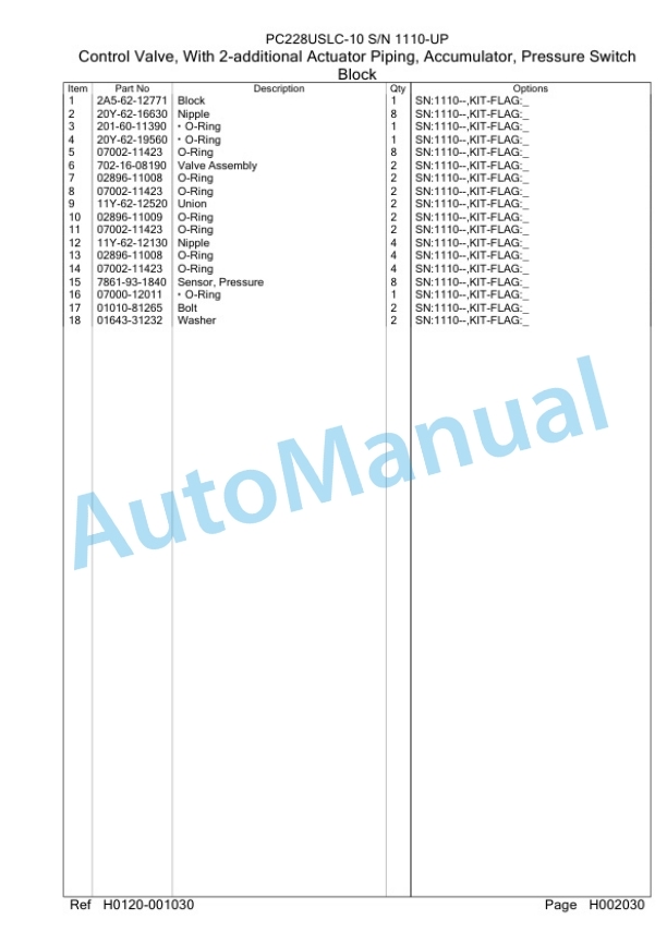 Komatsu PC228USLC-10 Hydraulic Excavator Parts Manual PC0000780U-2
