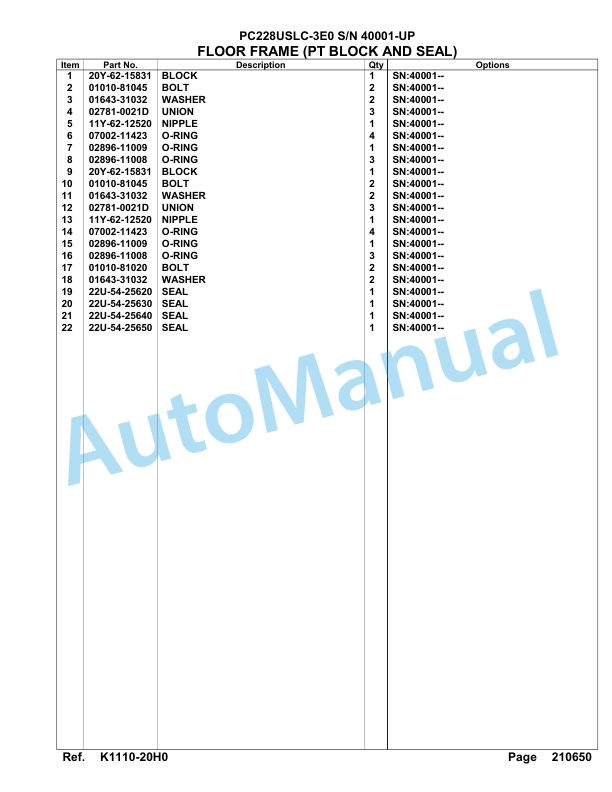 Komatsu PC228USLC-3E0 Hydraulic Excavator Parts Manual SAA6D1MU-3