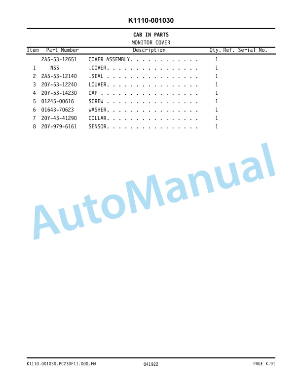 Komatsu PC230F-11 Hydraulic Excavator Parts Manual BEPB133201 4 Komatsu PC230F-11 Hydraulic Excavator Parts Manual BEPB133201-4
