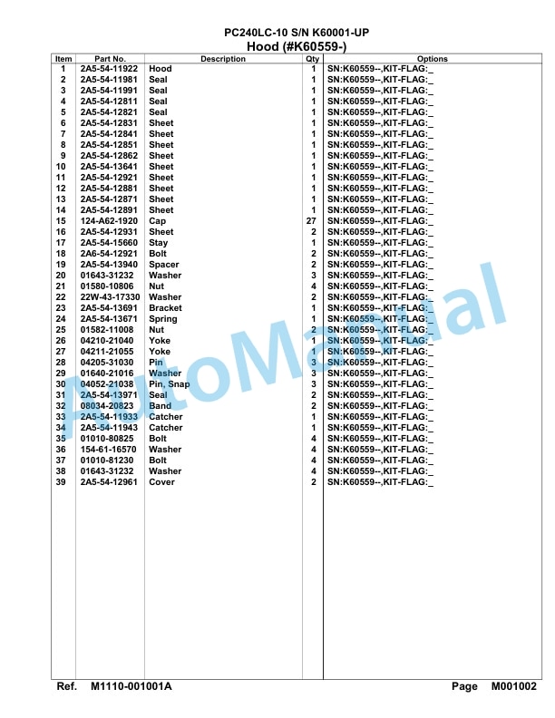 Komatsu PC240LC-10 Hydraulic Excavator Parts Manual SAA6E2AU-4