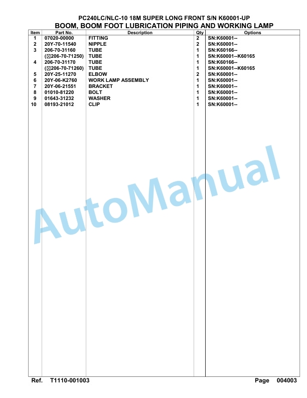 Komatsu PC240LC-10, PC240NLC-10 18M Super Long Front Hydraulic Excavator Parts Manual K60001-UP 4 Komatsu PC240LC-10, PC240NLC-10 18M Super Long Front Hydraulic Excavator Parts Manual K60001-UP-4