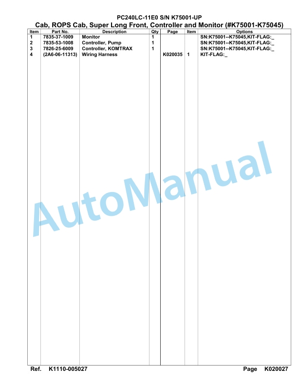 Komatsu PC240LC-11E0 Hydraulic Excavator Parts Manual PC00069U-4
