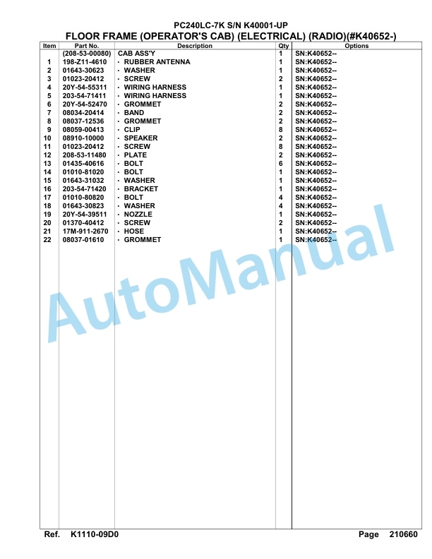 Komatsu PC240LC-7K Hydraulic Excavator Parts Manual SAA6D15U-3