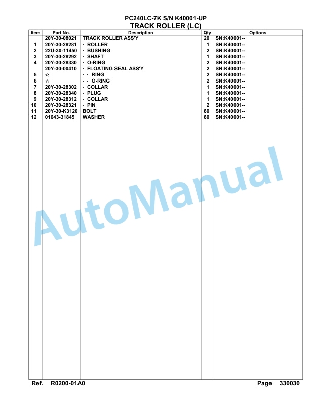 Komatsu PC240LC-7K Hydraulic Excavator Parts Manual SAA6D15U-4
