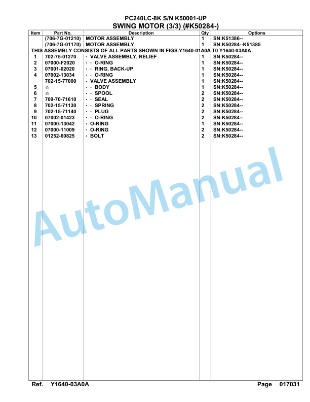 Komatsu PC240LC-8K Hydraulic Excavator Parts Manual SAA6D1HU-5