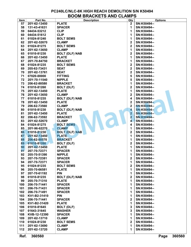 Komatsu PC240LC-8K, PC240NLC-8K High Reach Demolition Hydraulic Excavator Parts Manual K50494 4 Komatsu PC240LC-8K, PC240NLC-8K High Reach Demolition Hydraulic Excavator Parts Manual K50494-4