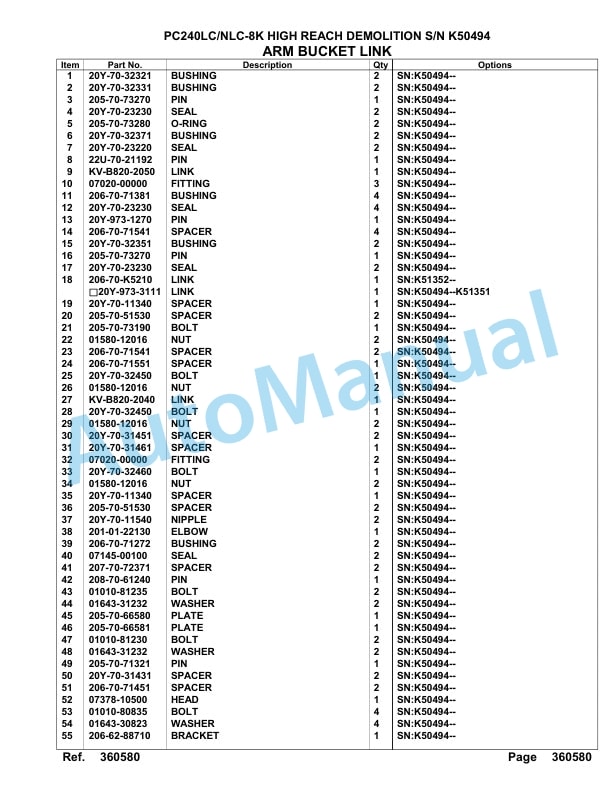 Komatsu PC240LC-8K, PC240NLC-8K High Reach Demolition Hydraulic Excavator Parts Manual K50494 5 Komatsu PC240LC-8K, PC240NLC-8K High Reach Demolition Hydraulic Excavator Parts Manual K50494-5