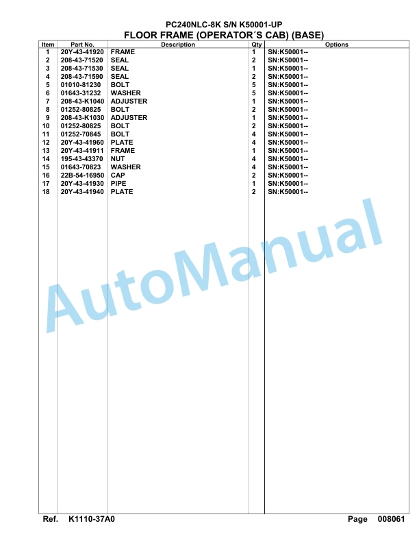Komatsu PC240NLC-8K Hydraulic Excavator Parts Manual SAA6D1HU 3 Komatsu PC240NLC-8K Hydraulic Excavator Parts Manual SAA6D1HU-3