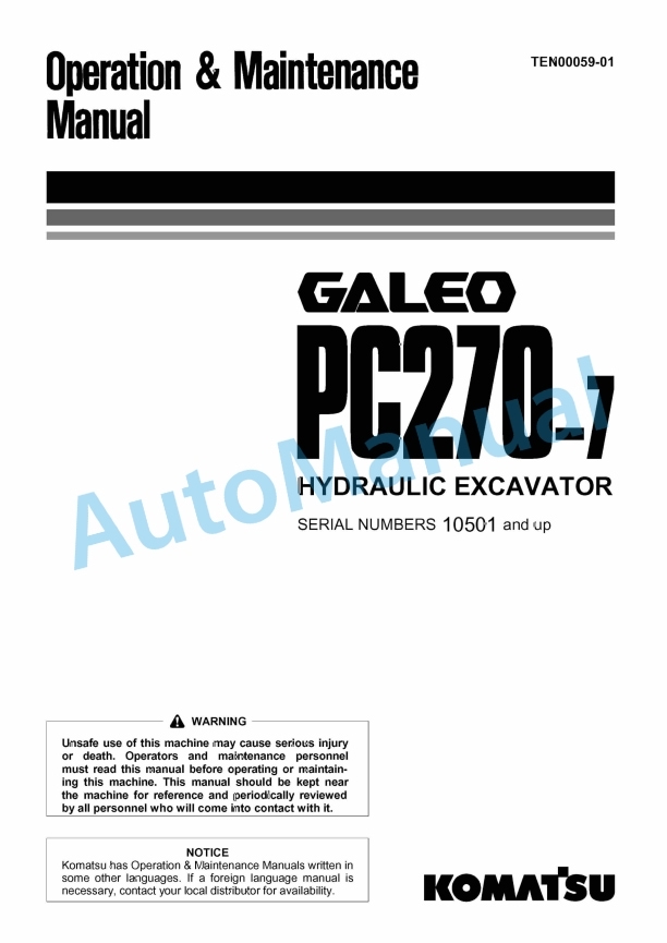 Komatsu PC270-7 Galeo Hydraulic Excavator Operation and Maintenance Manual TEN00059-01