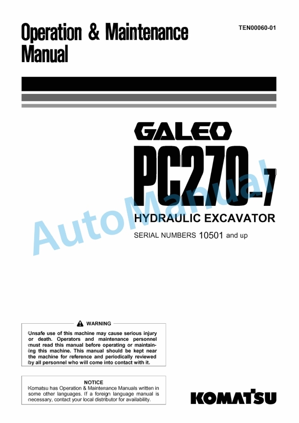 Komatsu PC270-7 Galeo Hydraulic Excavator Operation and Maintenance Manual TEN00060-01