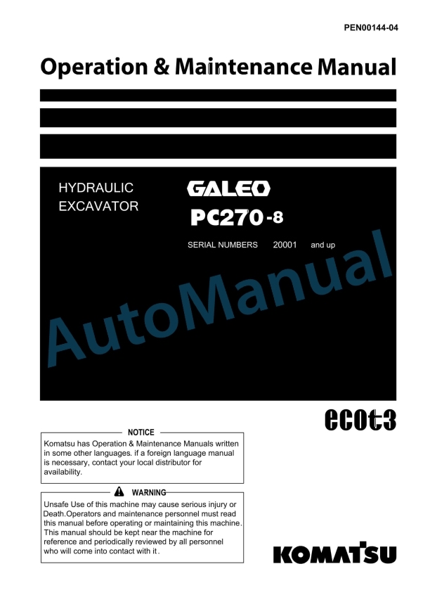 Komatsu PC270-8 Galeo Hydraulic Excavator Operation and Maintenance Manual PEN00144-04