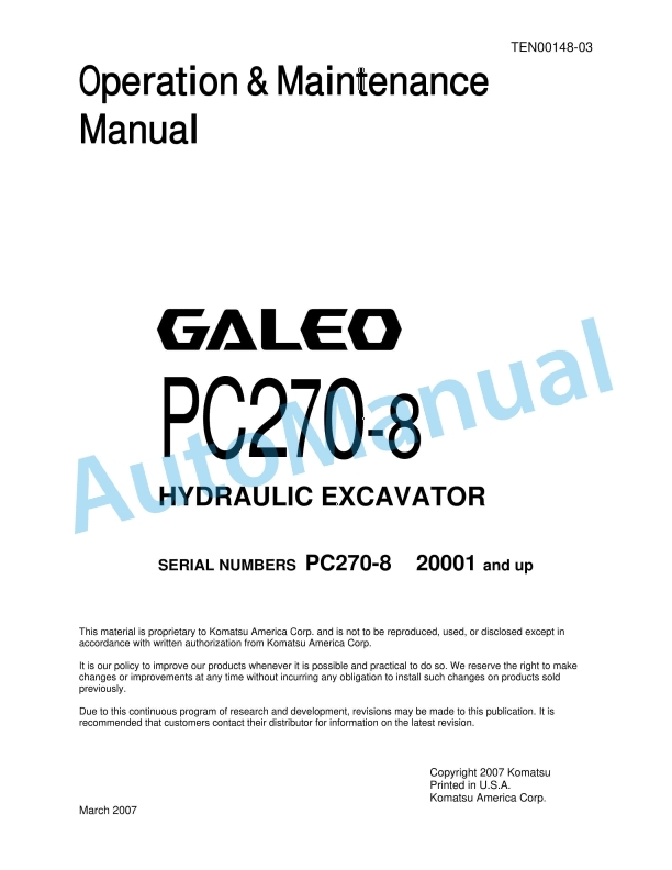 Komatsu PC270-8 Galeo Hydraulic Excavator Operation and Maintenance Manual TEN00148-03