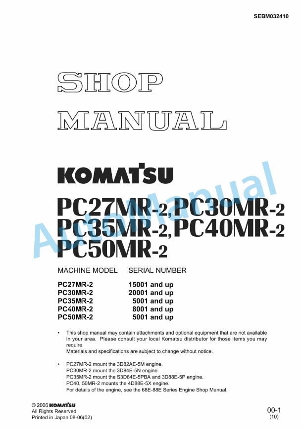 Komatsu PC27MR-2, PC30MR-2, PC35MR-2, PC40MR-2, PC50MR-2 Hydraulic Excavator Shop Manual SEBM032410