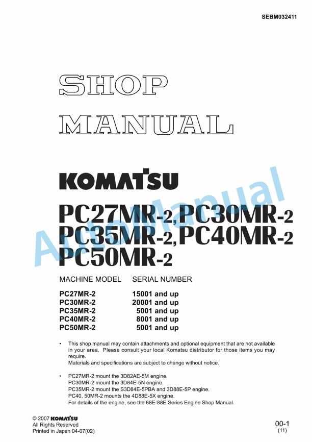 Komatsu PC27MR-2, PC30MR-2, PC35MR-2, PC40MR-2, PCMR50-2 Hydraulic Excavator Shop Manual SEBM032411
