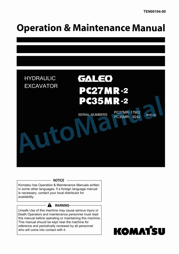 Komatsu PC27MR-2, PC35MR-2 Galeo Hydraulic Excavator Operation and Maintenance Manual TEN00194-00