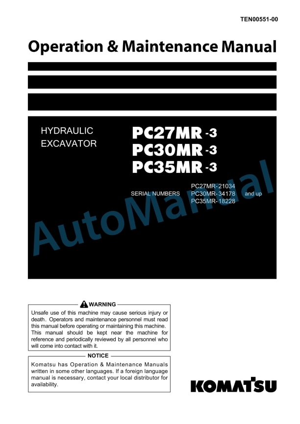 Komatsu PC27MR-3, PC30MR-3, PC35MR-3 Hydraulic Excavator Operation and Maintenance Manual TEN00551-00