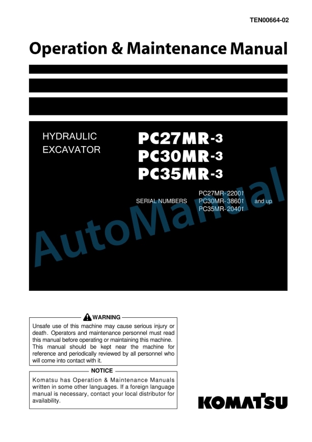 Komatsu PC27MR-3, PC30MR-3, PC35MR-3 Hydraulic Excavator Operation and Maintenance Manual TEN00664-02