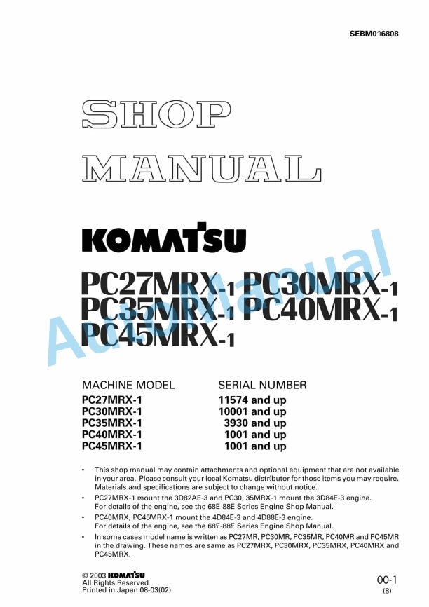 Komatsu PC27MRX-1, PC30MRX-1, PC35MRX-1, PC40MRX-1, PC45MRX-1 Hydraulic Excavator Shop Manual SEBM016808
