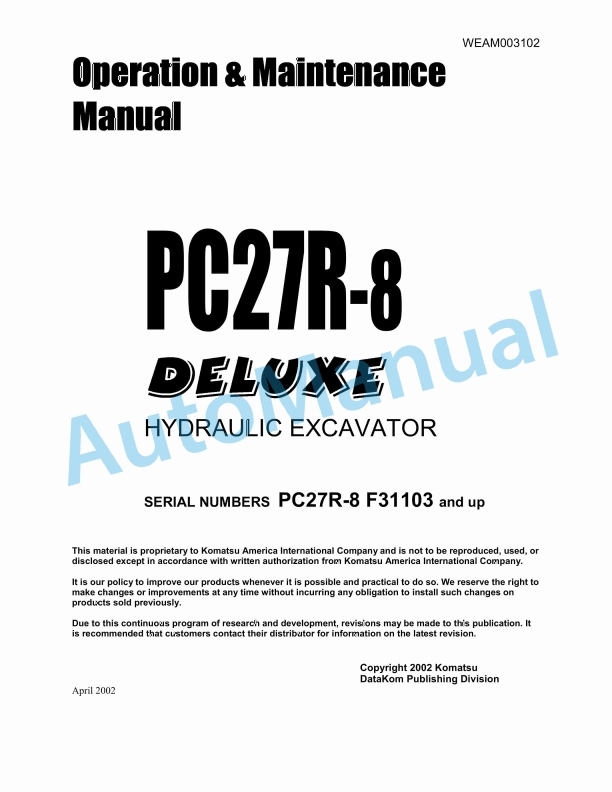 Komatsu PC27R-8 Deluxe Hydraulic Excavator Operation and Maintenance Manual WEAM003102