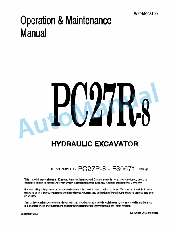 Komatsu PC27R-8 Hydraulic Excavator Operation and Maintenance Manual WEAM003100