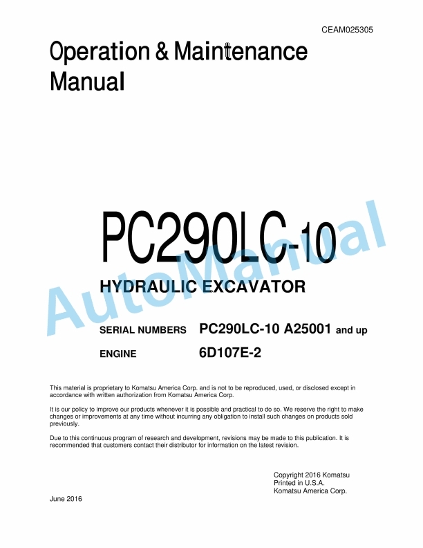 Komatsu PC290LC-10 Hydraulic Excavator Operation and Maintenance Manual CEAM025305