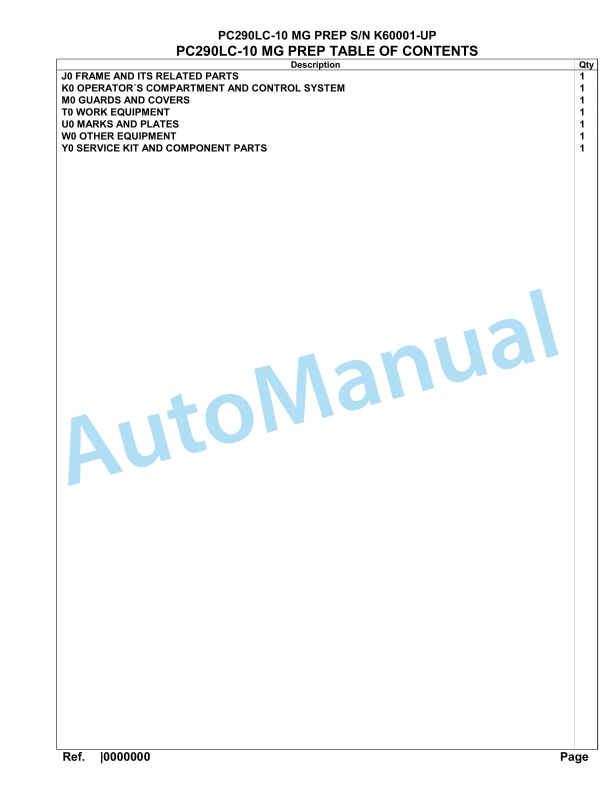Komatsu PC290LC-10 MG PREP Hydraulic Excavator Parts Manual K60001-up