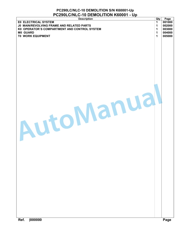 Komatsu PC290LC-10, PC290NLC-10 Demolition Hydraulic Excavator Parts Manual K60001-UP