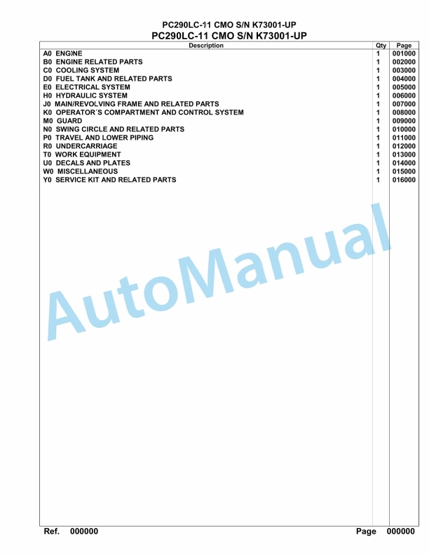Komatsu PC290LC-11 CMO Hydraulic Excavator Parts Manual K73001-UP