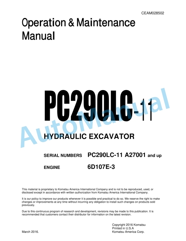 Komatsu PC290LC-11 Hydraulic Excavator Operation and Maintenance Manual CEAM028502